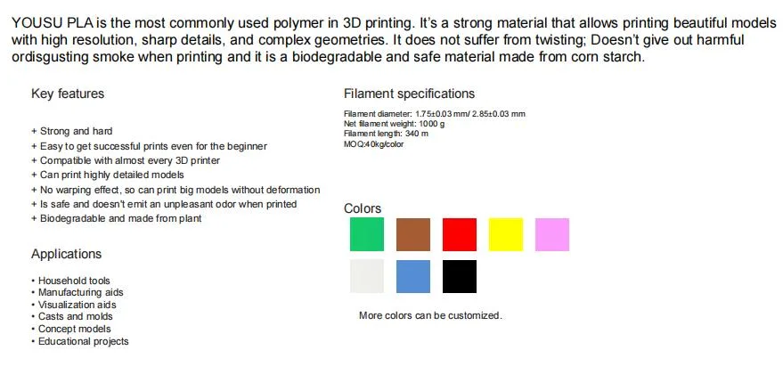 General Application High Quality 3D Printers PLA Filaments 3D Printing PLA Filaments Safe & Sustainable 3D PLA Blue 1.75mm 2.85mm Filament 1kg